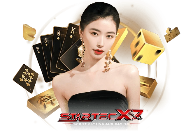 ภาพผู้หญิงสไตล์คาสิโนหรู startecx7 พร้อมไพ่สีดำ ลูกเต๋า และทองคำ โทนสีทองพรีเมียม เหมาะสำหรับโปรโมทบาคาร่า สล็อต และคาสิโนออนไลน์ startecx7